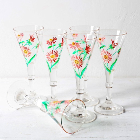 Image 1 of Juego de 6 copas de jerez de diseño floral, raras, de mediados de siglo / Italia / década de 1960