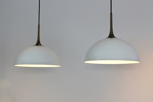 Pair of Brass and White-Opal Glass Pendant Lights by Florian Schulz