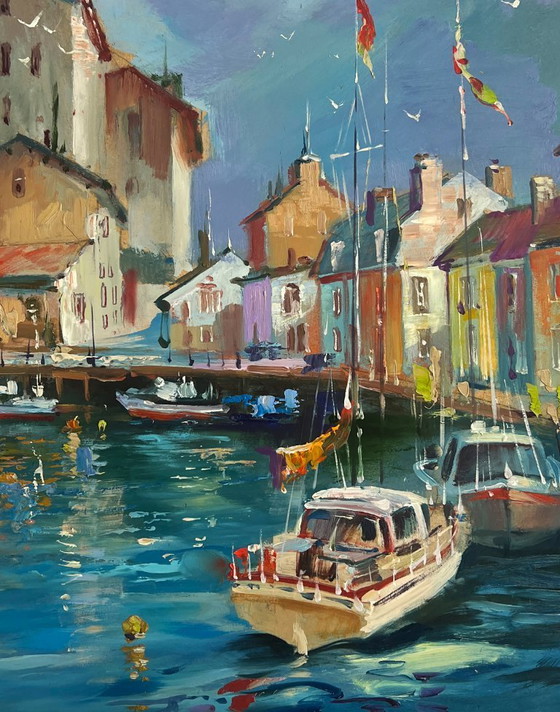 Image 1 of Originales Ölgemälde: Sommerliche Stadtlandschaft – Yachten auf den Wasserstraßen von Venedig