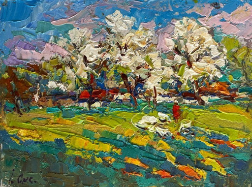 Origineel olieverfschilderij: Lente met bomen en een landschap. De lente is aangebroken.