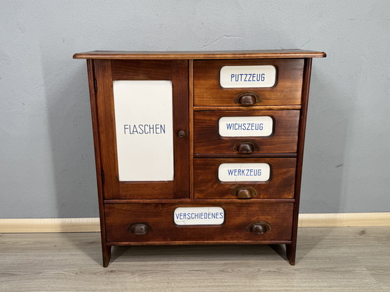 Image 1 of Antique kitchen cabinet with porcelain drawer plates | ca. 1900-1930
