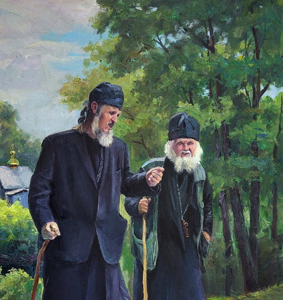 Original Oil Painting Monks Landscape From Sunday Service – Paintings & Drawings, Canvas (photo 5 of 7)