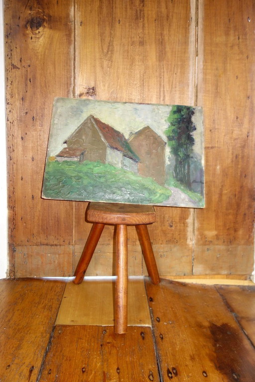 mid century oil painting on board * rustic house scene * french landscape art * textured brushwork
