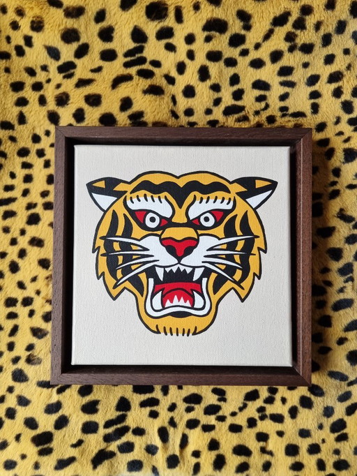 Hand-painted modern art tiger 20x20 cm framed