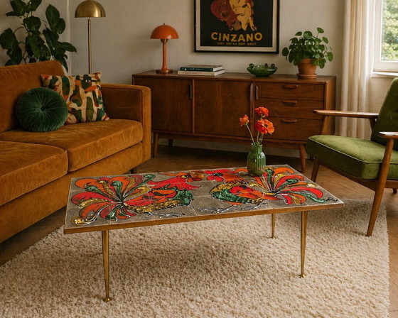 Image 1 of Vintage Juliette Belarti ceramic tile coffee table with rooster motif
