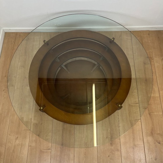 Image 1 of Skulpturaler Couchtisch mit konzentrischen Ringen, Glas und Holz, um 1985