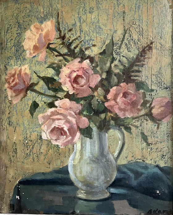 Image 1 of Oil Painting Roses in Vase, Signed Akar ?, Mid Century, Gilt Frame