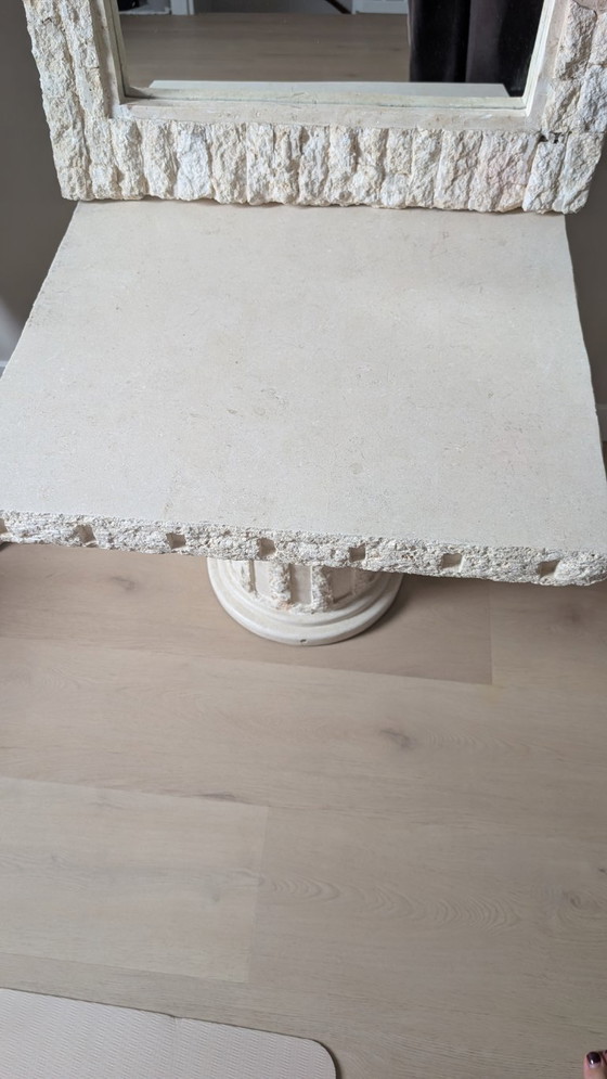 Vintage sculptural pillar table, brutalist stone look, 70 × 70 cm, Side tables, Creme (photo 2 of 6)