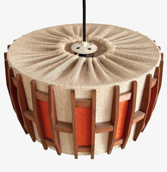 Image 1 of Vintage Scandinavische hanglamp retro jute teak oranje 1970's