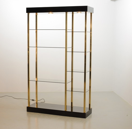 Belgo Chrom Hollywood Regency Style Black Lacquered Shelving Unit 20-Carat Gold Plated with Smokey Glass, Belgium, 1970s