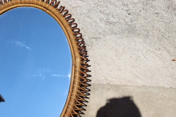 Ovale rotan spiegel, spiraalvormig frame, Franco Albini, Glas, Bruin, Vintage (foto 4 van 8)