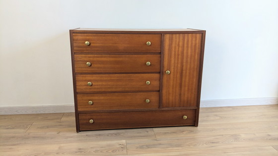 Image 1 of Vintage Scandinavian Wood and Brass Chest of Drawers