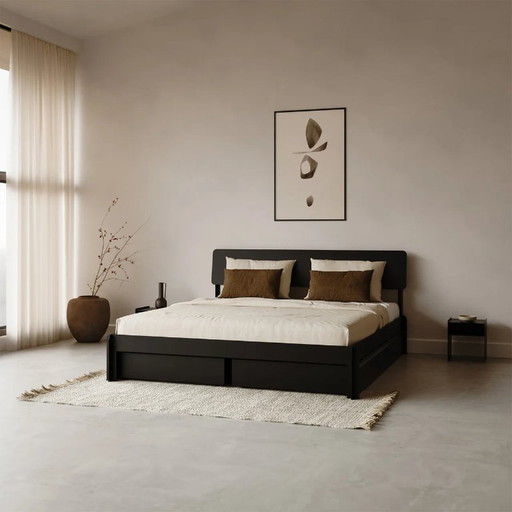 Cadre de lit robuste Amsterdam °03 – 180×220 – Tête de lit + 4 tiroirs de rangement – ​​État neuf