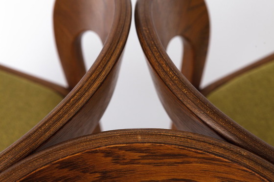Image 1 of Set of 6 Mid Century Dining Chairs, Baumann Gondola Chairs 1970s, Oak Wood Chairs with Green Upholstery, Vintage German Dining C