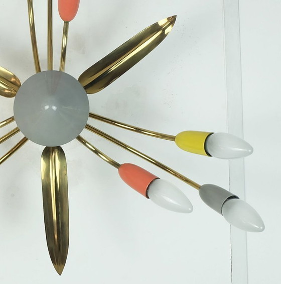 Image 1 of schöne 1950er Mitte Jahrhundert Sputnik Spinne 9-Licht Deckenleuchte Kronleuchter Messing Metall Mitte Jahrhundert stilnovo