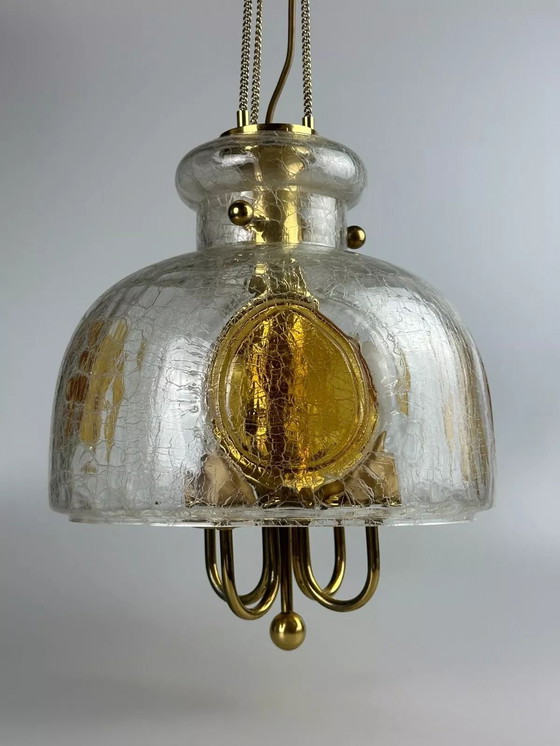 Image 1 of Lampada da soffitto brutalista anni '60-'70, lampada a sospensione in ottone e vetro di Murano