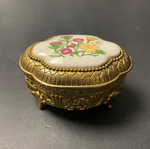 Vintage Gunther Mele jewelry box oval brass and porcelain