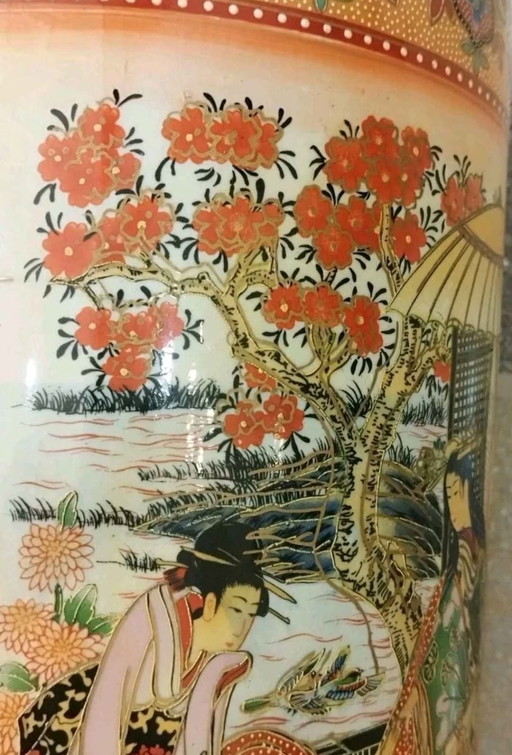 Grand vase ou porte-parapluie en céramique Satsuma avec marque de 47 cm