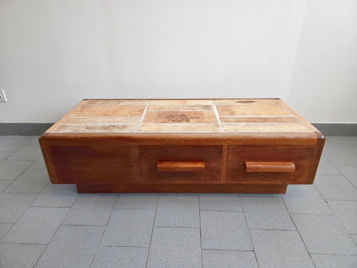 Vintage 1970s Ceramic Coffee Table with Solid Oak Top and 3 Drawers, DLG Capron
