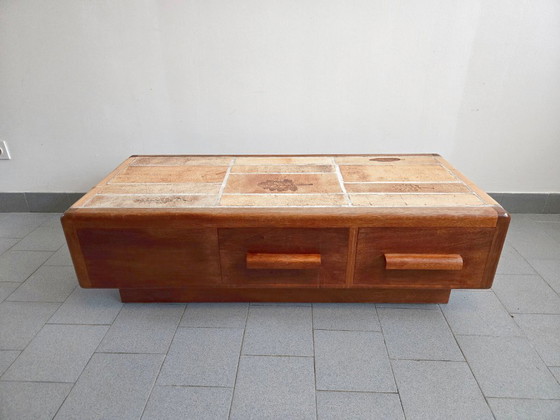 Image 1 of Vintage 1970s Ceramic Coffee Table with Solid Oak Top and 3 Drawers, DLG Capron