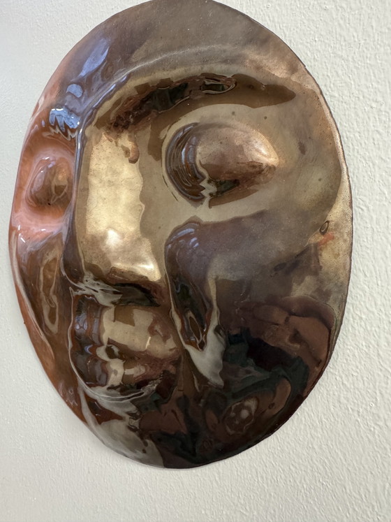 Image 1 of 1960s repoussé and enameled brass face sculpture