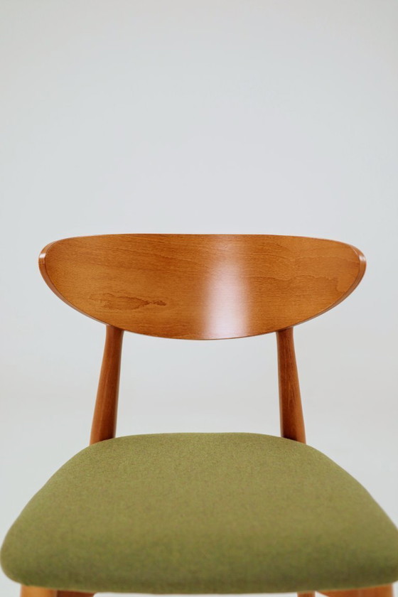 Image 1 of Eetkamerstoelen set van 4 natuurlijk hout, bekleding van groene wol