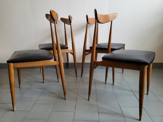 Image 1 of SET VAN 4 VINTAGE SCANDINAVISCHE STOELEN JAREN 60 BEUKEN ZWART SKAI 60S 1960S 60s