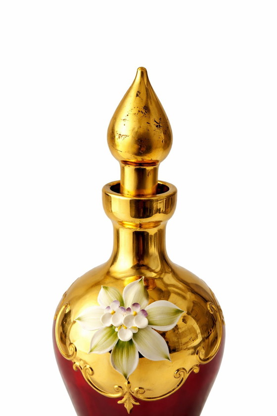 Image 1 of SIGNED MURANO "Tre Fuochi" Liqueur Set – Ruby Red & 24K Gold – Hand-Painted Flowers – 7 Pieces – Vintage Italy