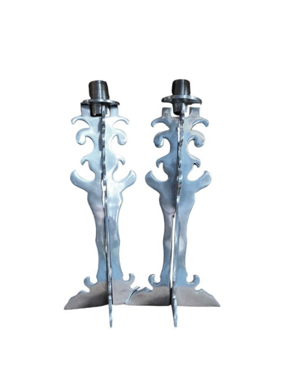 Image 1 of Pair of Brutalist Carved Metal Candleholders - 1970s