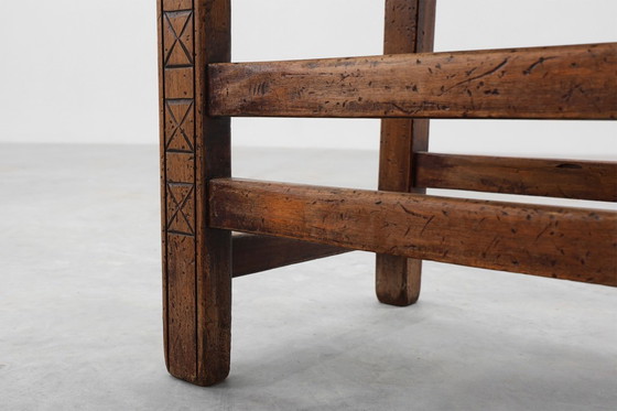 Image 1 of Sedia laterale spagnola in rovere intagliata a mano del XIX secolo con seduta in velluto