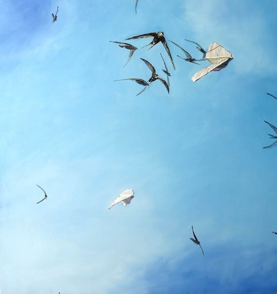 Origineel olieverfschilderij, moderne kunst, symboliek, lucht, vogels, luchtcorridor (photo 4 of 7)