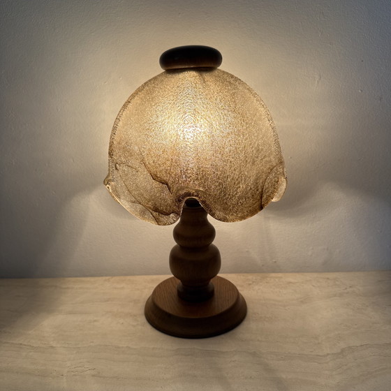Image 1 of Vintage Brutalist Glass Table Lamp with Solid Oak Wooden Base, 1970s