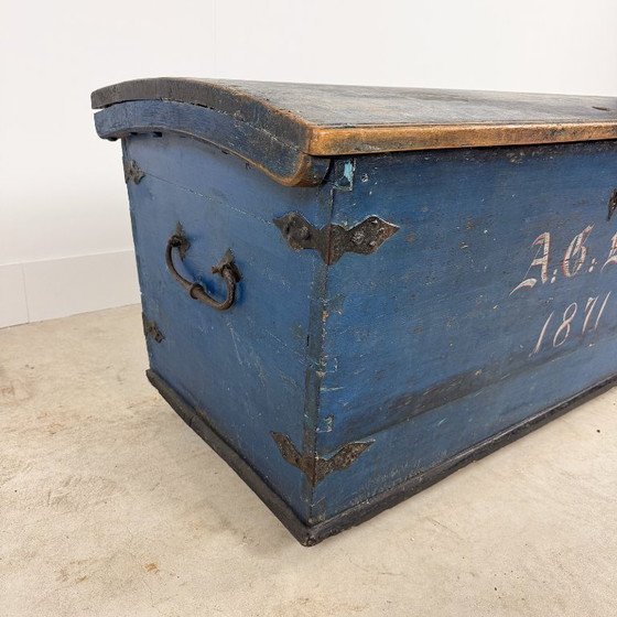 Baule antico dipinto di blu del 1871, Armadi contenitori, Legno, Metallo, Vintage (foto 6 di 15)