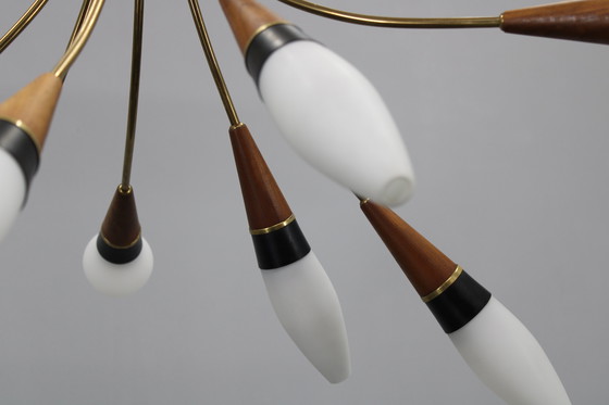 Image 1 of Lustre en laiton et teck en verre opalin Rupert Nikoll, Autriche, années 1960