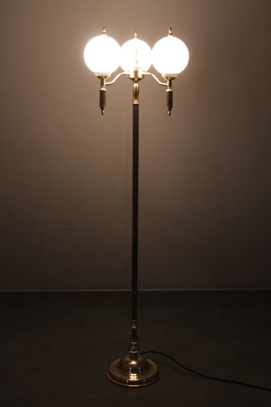 Image 1 of 1970s Czechoslovak Floor Lamp in Brass with Milky Glass Shades