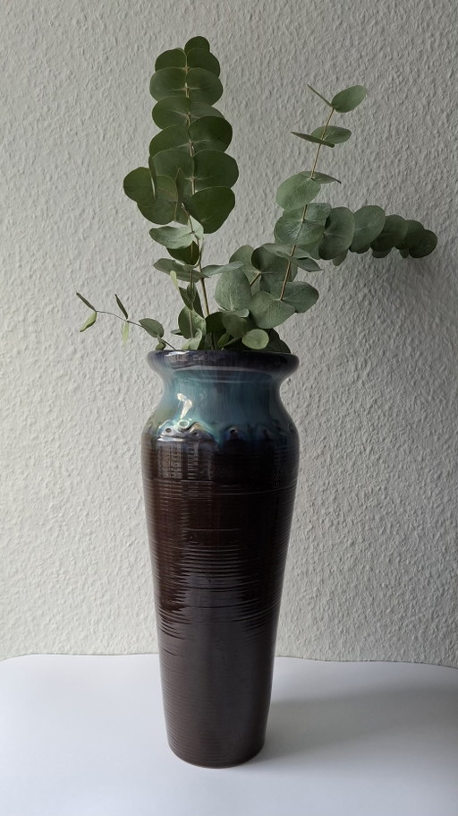Vintage large ceramic vase / floor vase 38 cm – brown/turquoise flowing glaze