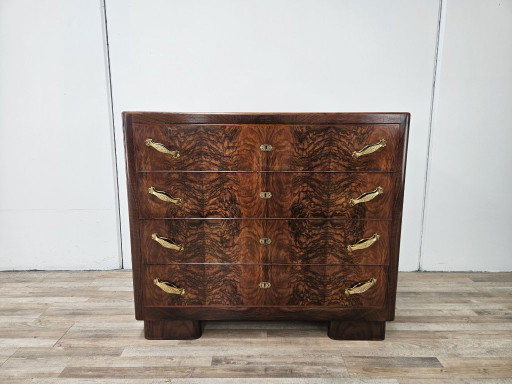 Commode Art Déco des années 1940 en loupe de noyer avec plateau en verre noir