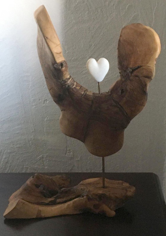 Wooden Sculpture with Heart, Organic Style, named "Heart's Refuge", Metal, Brown, Organic Modern (photo 6 of 12)