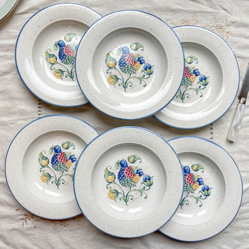 6 Platos Hondos Italianos de Loza Moteada "TIFFANY" – Patrón de Pájaro Vintage
