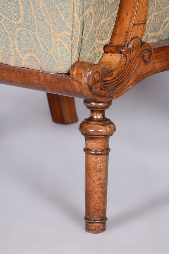 Fauteuil Biedermeier restauré, noyer, épicéa, hêtre, République tchèque, années 1830 – Textile, Wood (photo 11 of 13)