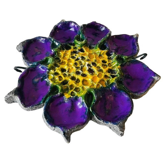 Image 1 of Vintage ceramic wall plate lilac sunflower Fat lava Jan van Erp 1960s