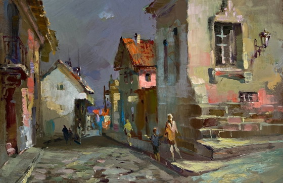 Image 1 of Origineel olieverfschilderij: Somber stadslandschap, wandelend door de stadsstraat.