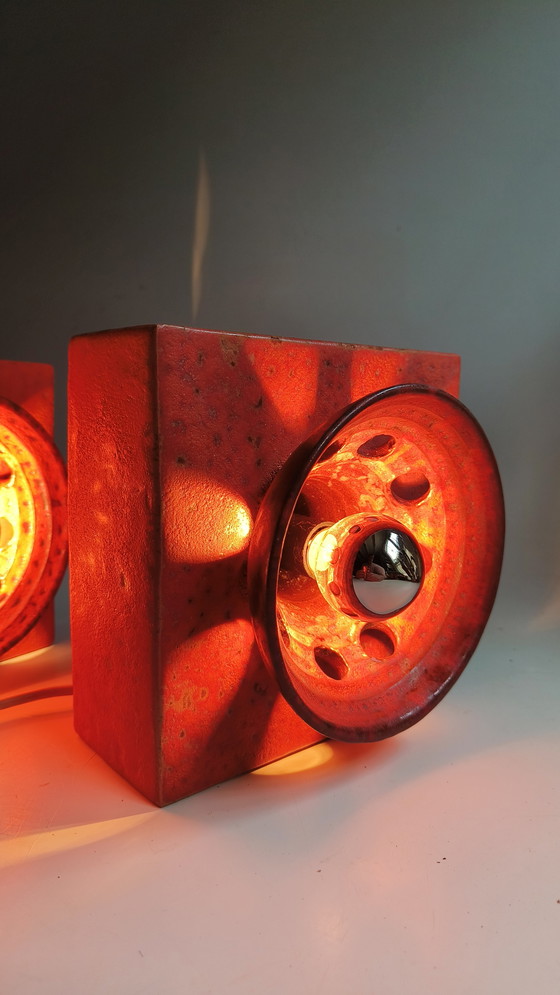 Image 1 of 2 brutalist fat lava wester-germany 1970s pottery orange wall lamps