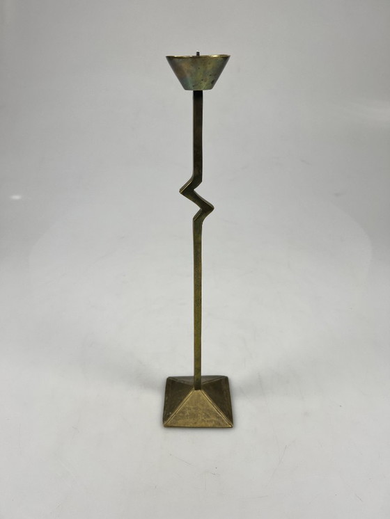 Image 1 of Vintage Zig Zag Candlesticks, Set of Two, Brass, Memphis Style, 1980s