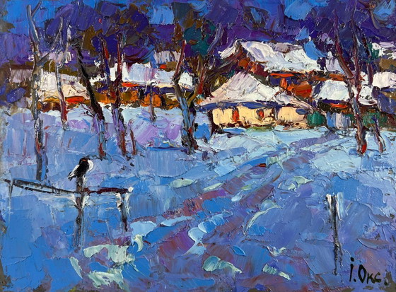 Image 1 of Original Oil Painting Night Village Landscape Moonlight winter light