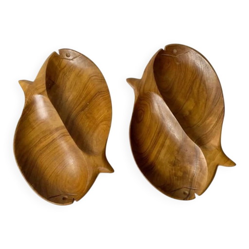 Set of 2 handcrafted olive wood fish bowls/dishes - MCM