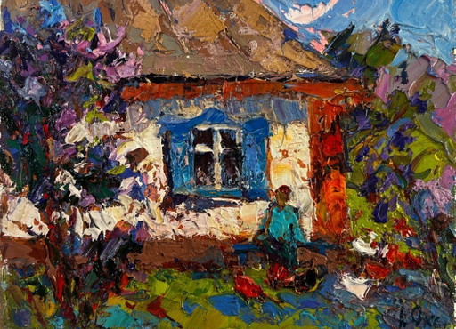 Origineel olieverfschilderij: Landschap bij een zomerhuis, warm in elke zonnestraal en glimlach.