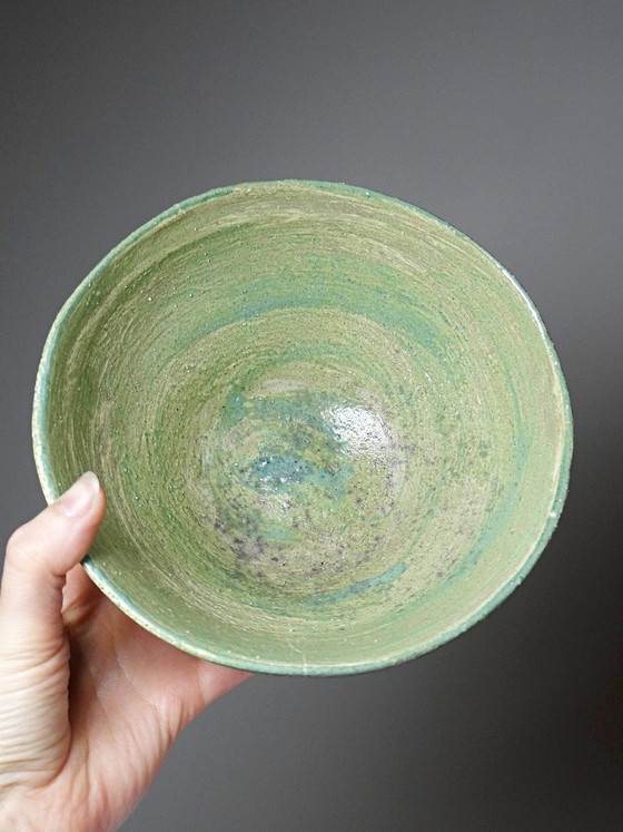 Image 1 of Vintage handmade ceramic bowl, 20th-19th century, celadon green, blue-green, Wabi-Sabi