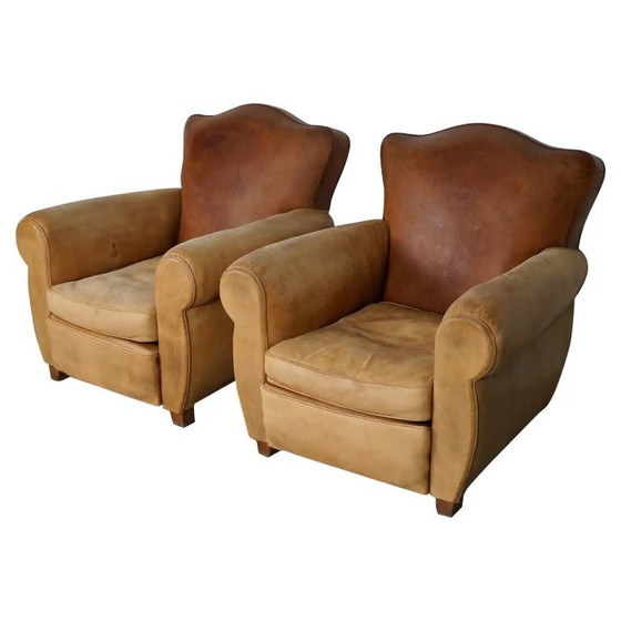 Image 1 of Coppia di poltrone da club francesi in pelle color cognac con schienali a baffo, anni '40