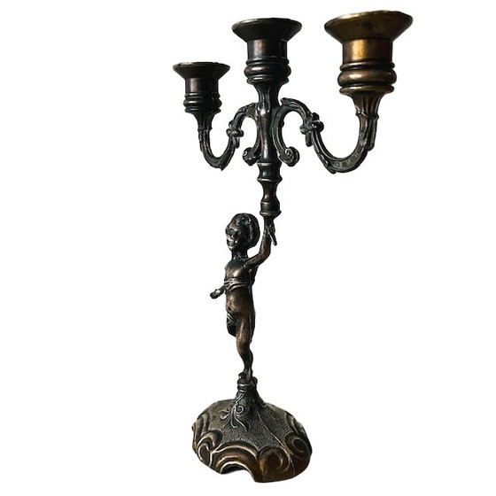Image 1 of Vintage zware messing Putti Cherubijn 3-armige kandelaar 1960's
